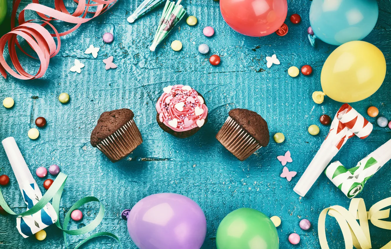 Photo wallpaper decoration, balloons, candy, sweets, Happy Birthday, cupcake, decoration, Birthday