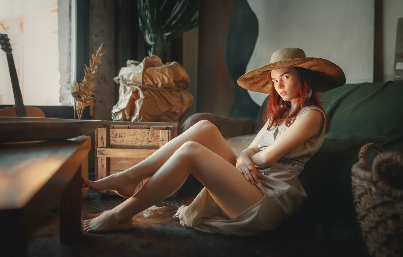 Photo wallpaper guitar, dress, hat, barefoot, model, women, window, redhead