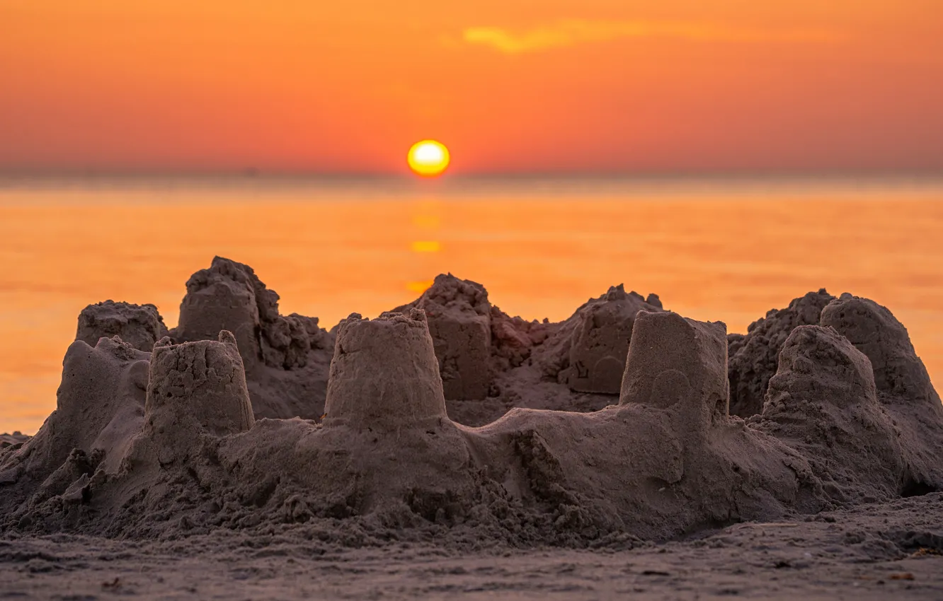Photo wallpaper sand, sea, the sky, the sun, light, sunset, castle, shore