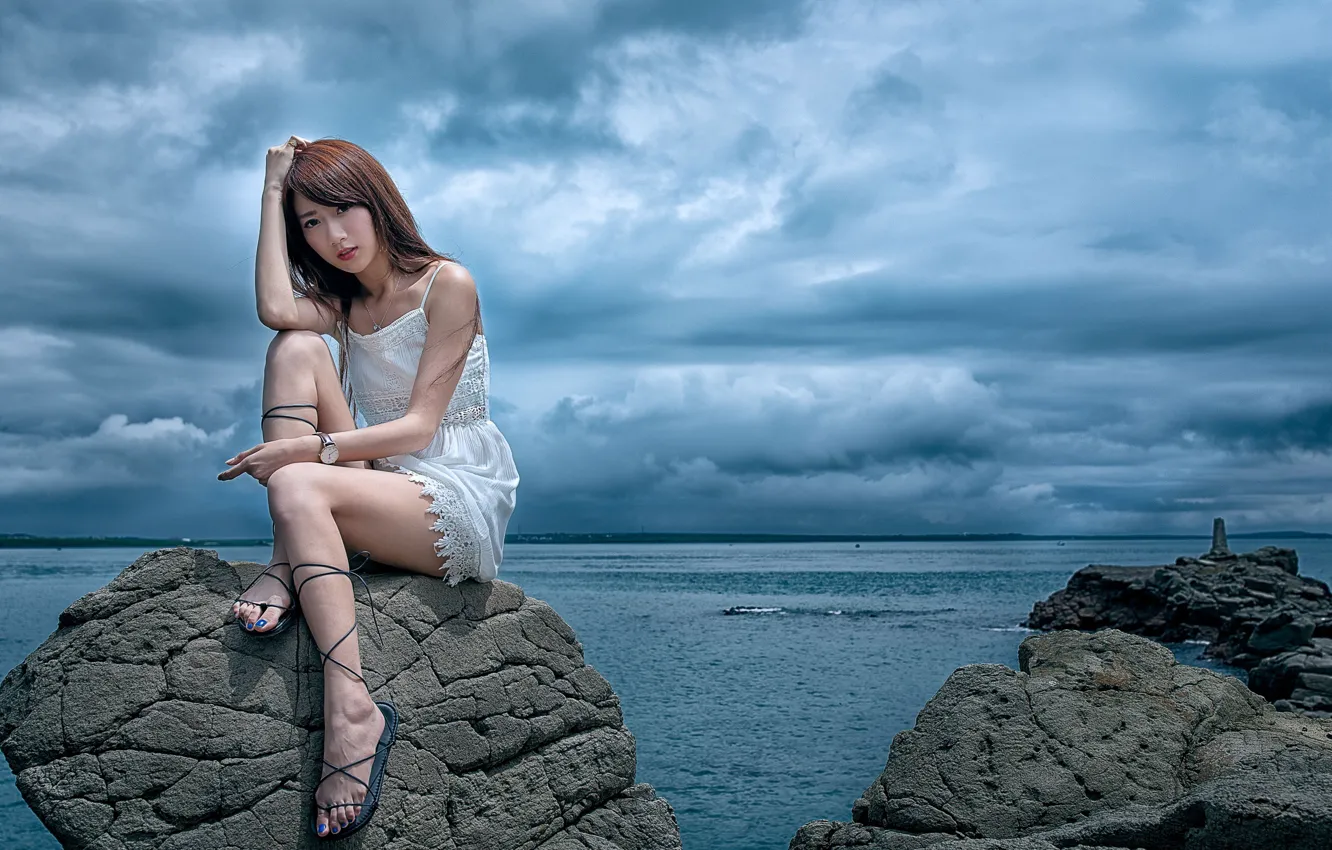 Photo wallpaper sea, water, clouds, pose, horizon, space, space, Asian