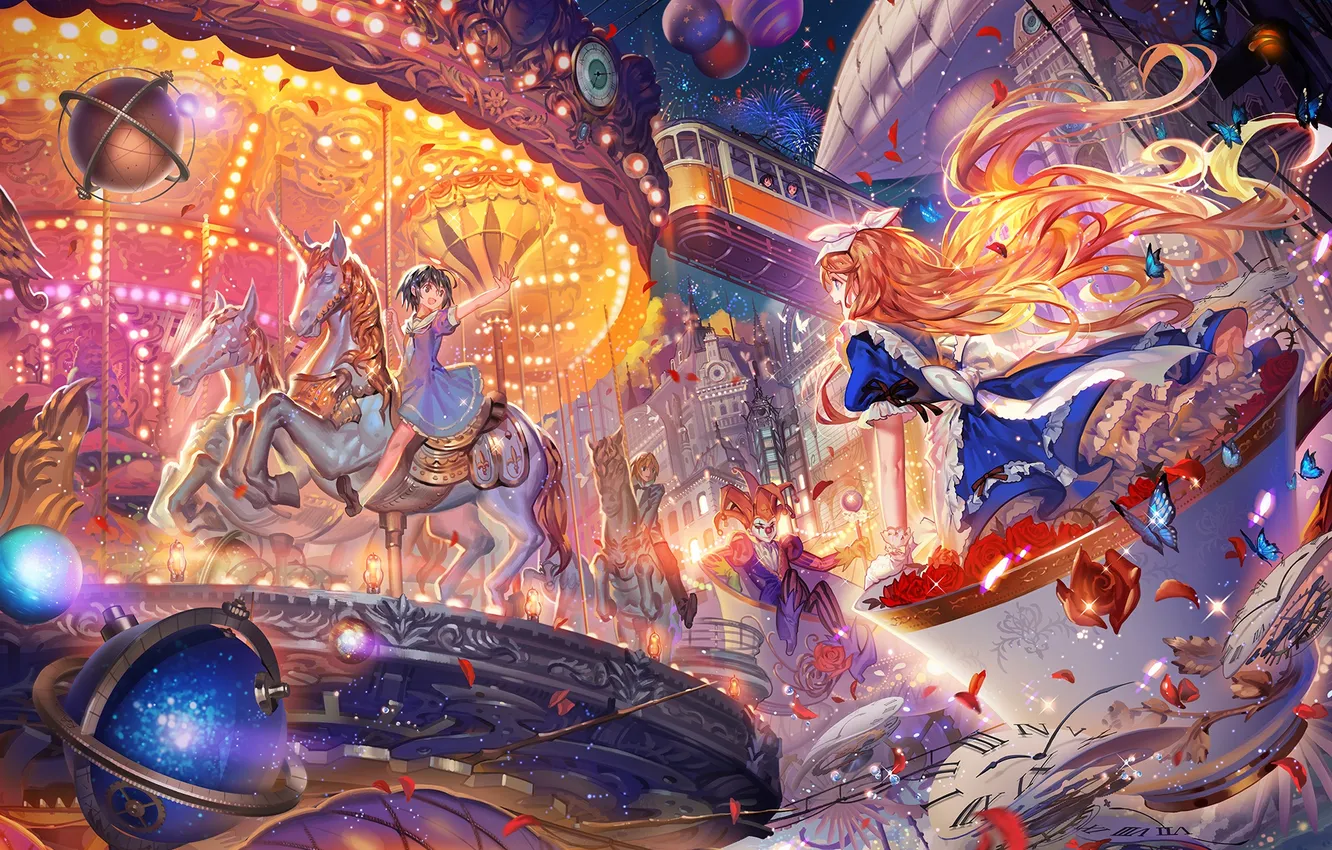 Photo wallpaper the sky, girl, stars, butterfly, art, Alice, Cup, carousel