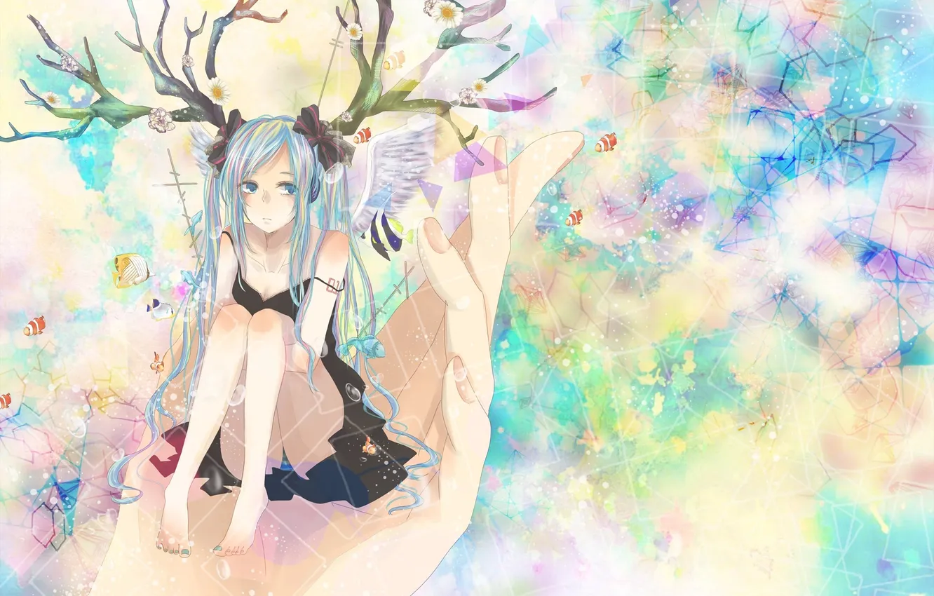 Photo wallpaper girl, fish, flowers, wings, angel, hands, art, horns