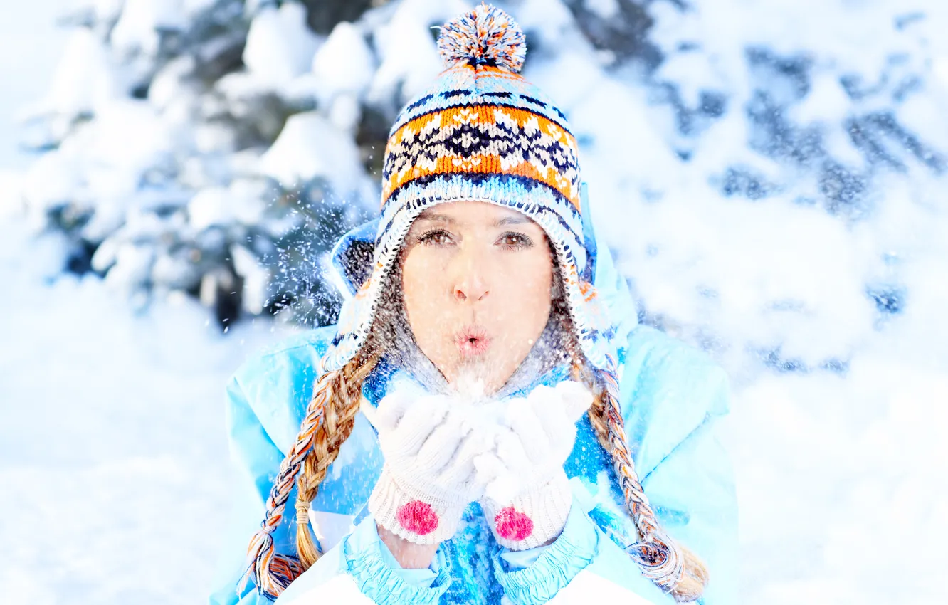 Photo wallpaper winter, look, girl, snow, hat, brown-eyed, mittens