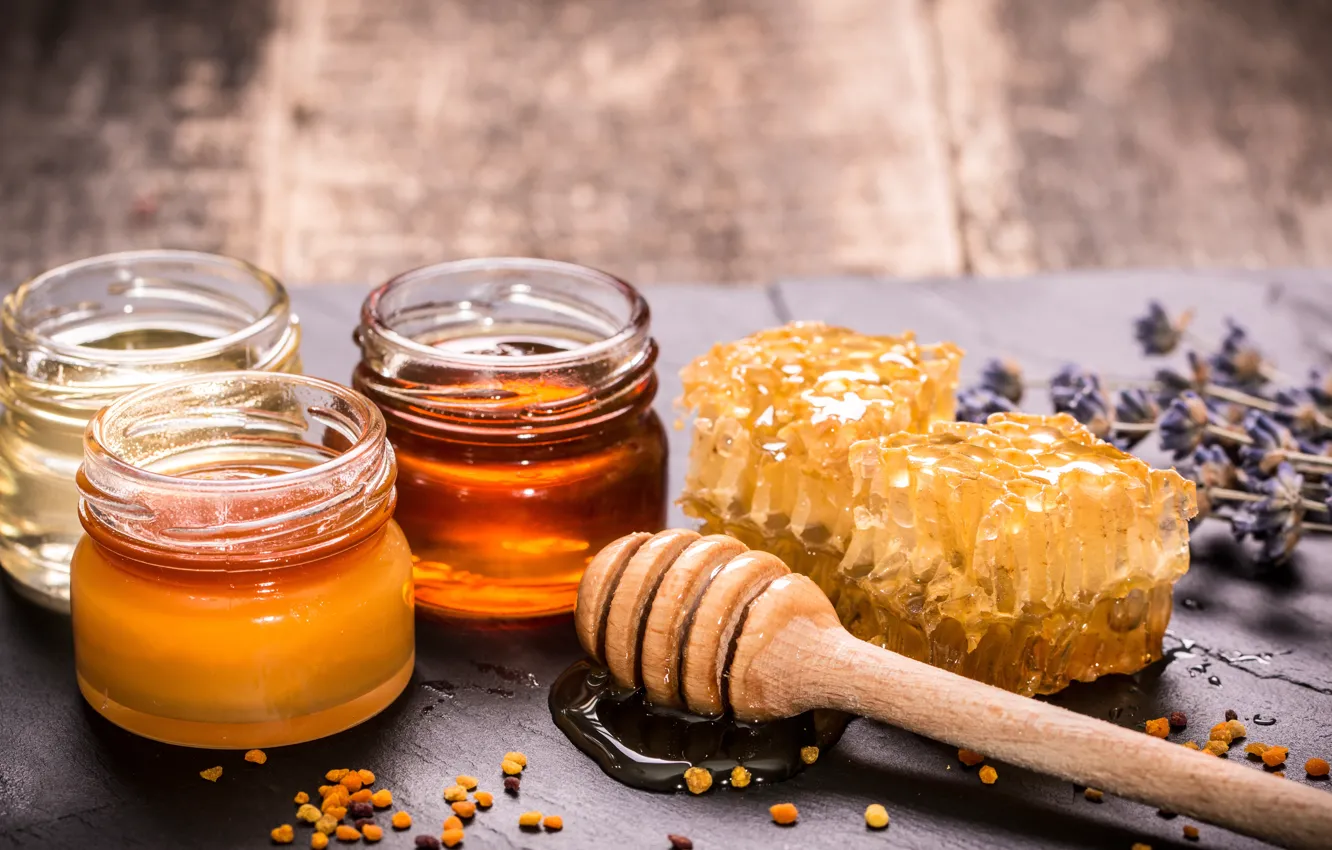 Photo wallpaper cell, honey, jars, spoon
