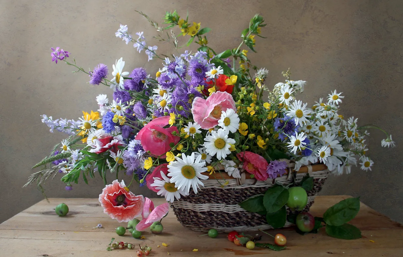 Photo wallpaper summer, Mac, chamomile, bouquet
