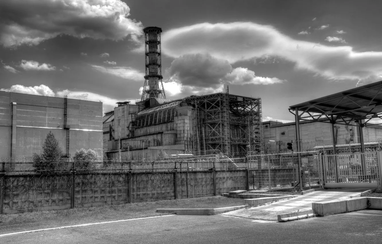 Photo wallpaper the fence, b/W, Chernobyl, the sarcophagus, nuclear power plant, cat, unit