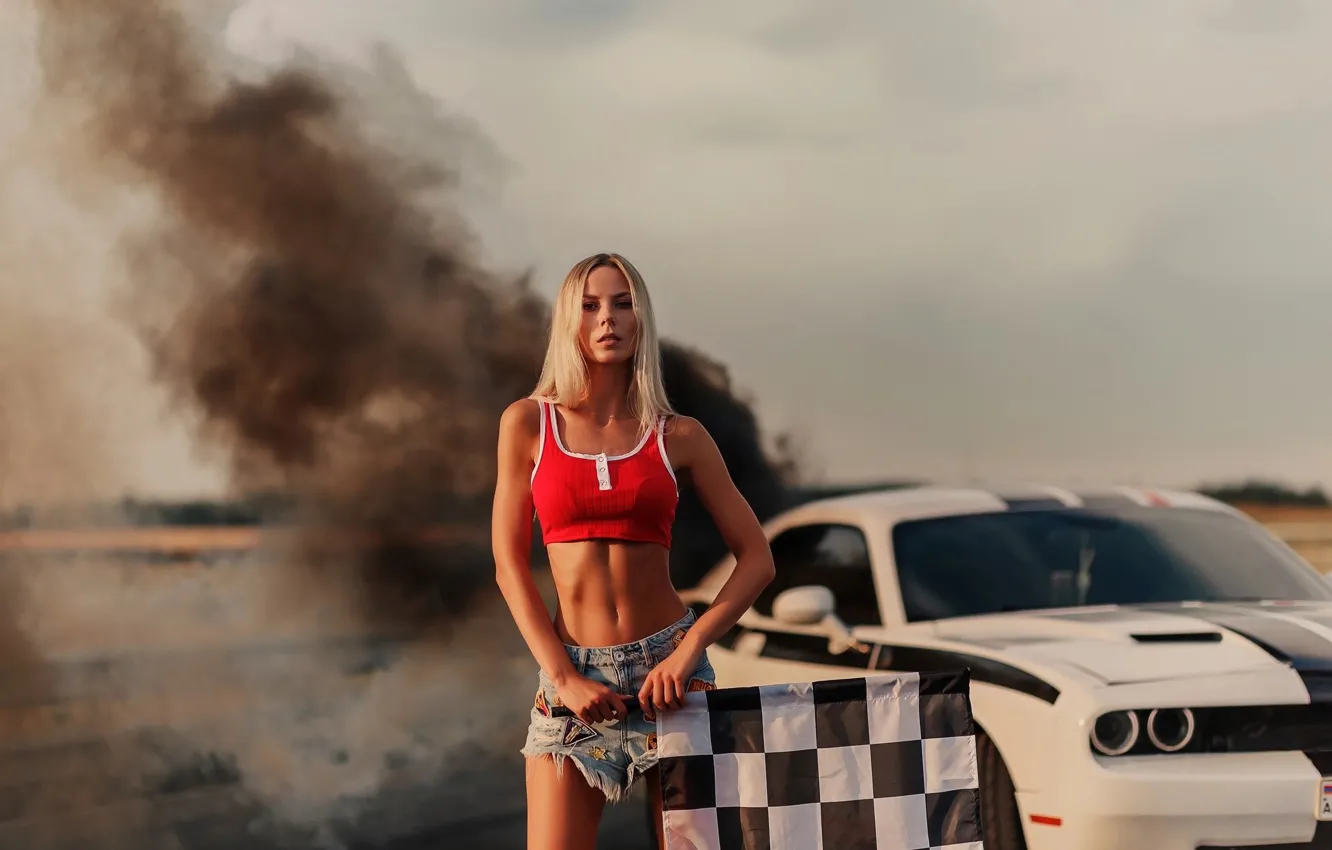 Photo wallpaper car, Dodge Challenger, shorts, sky, smoke, clouds, model, women