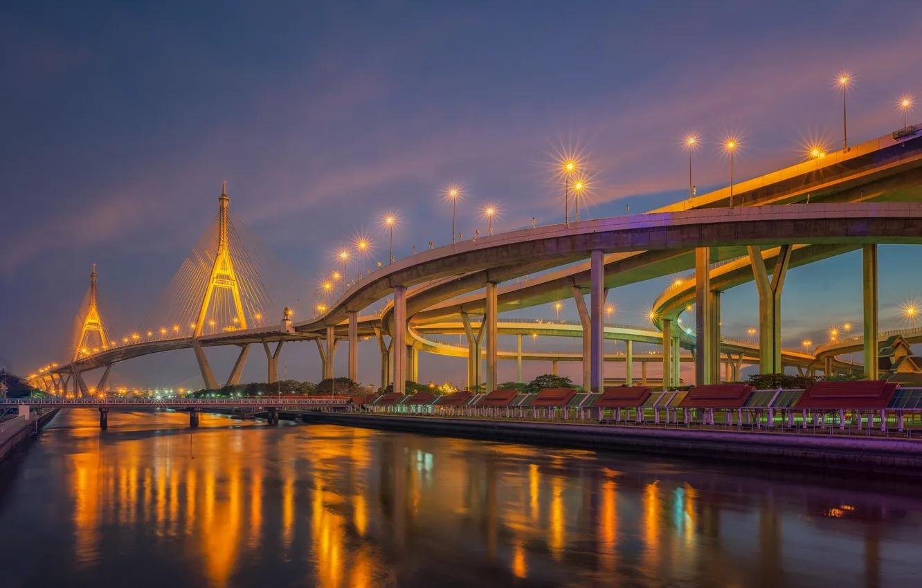 Photo wallpaper the sky, bridge, the city, lights, river, for, building, morning