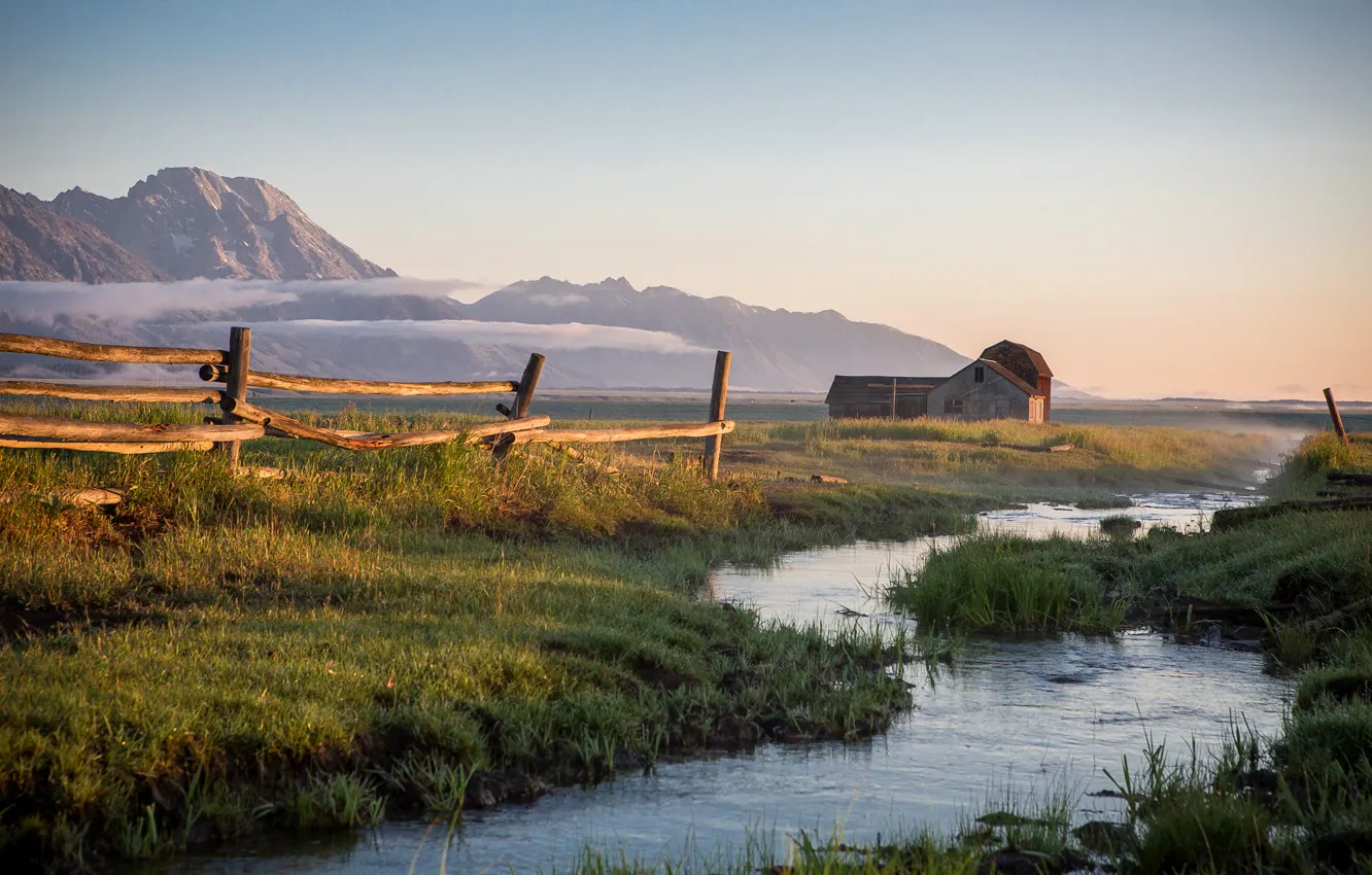 Photo wallpaper the sky, grass, sunset, mountains, fog, stream, the fence, home