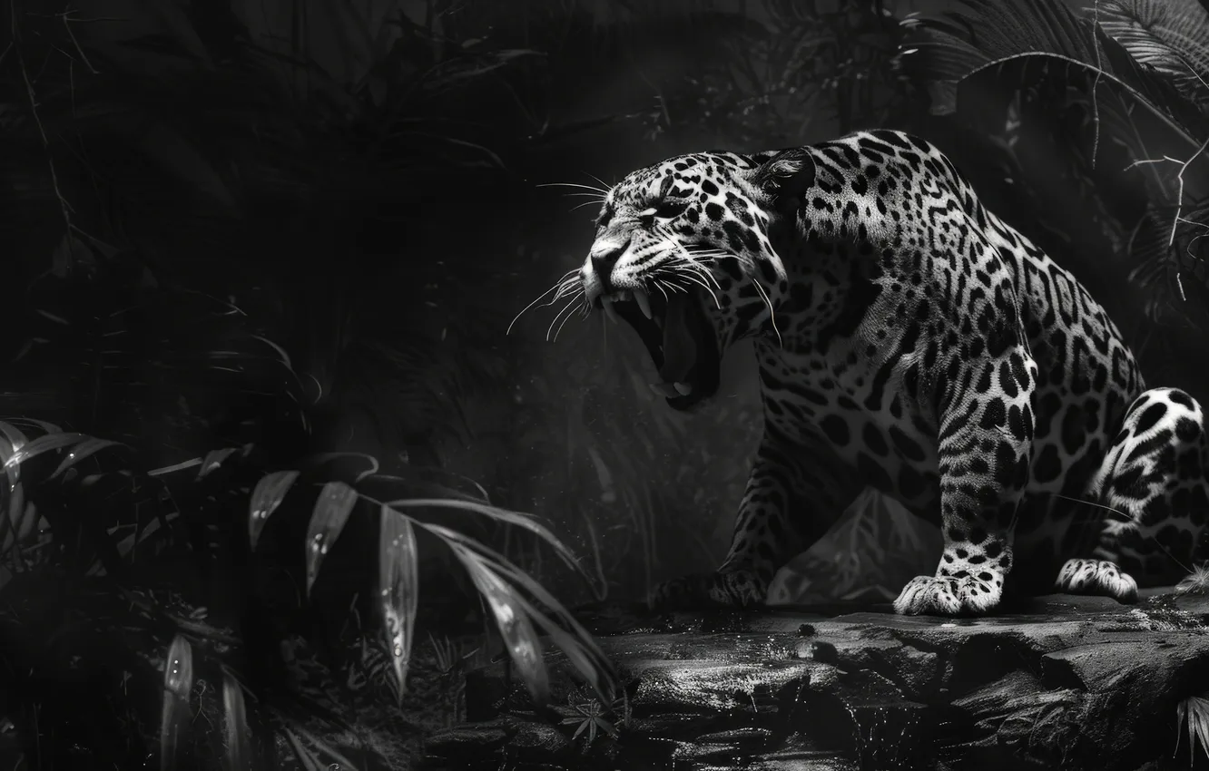 Photo wallpaper leaves, predator, fangs, grin, Jaguar, black and white, big cat, digital art