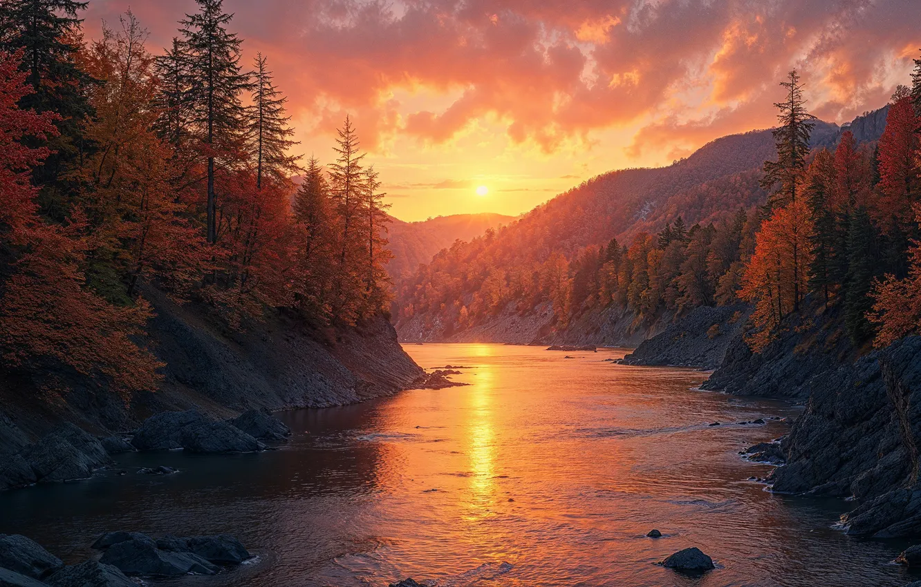 Photo wallpaper autumn, forest, the sky, the sun, clouds, trees, sunset, mountains