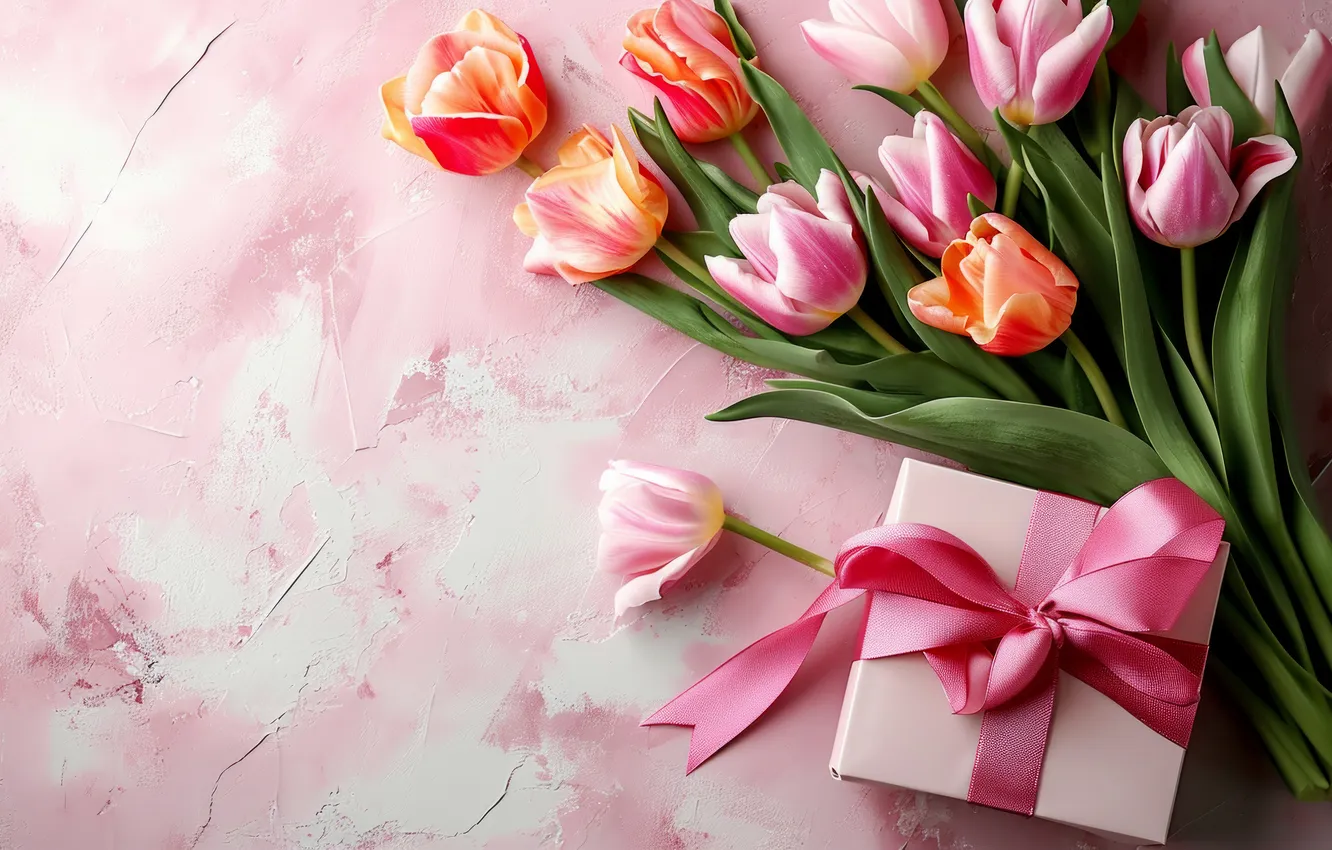 Photo wallpaper flowers, holiday, bouquet, spring, tulips, AI art, universal holiday background, neural network