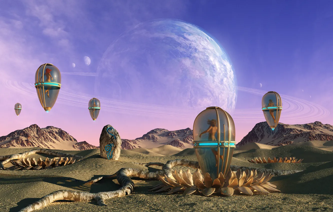 Photo wallpaper sand, girl, mountains, stones, fantasy, planet, art, cocoon