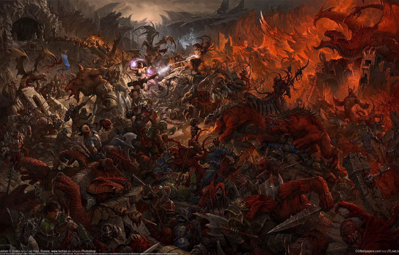 Photo wallpaper dragons, fantasy, battle, fantasy, warriors, battle, CG wallpapers, dragons