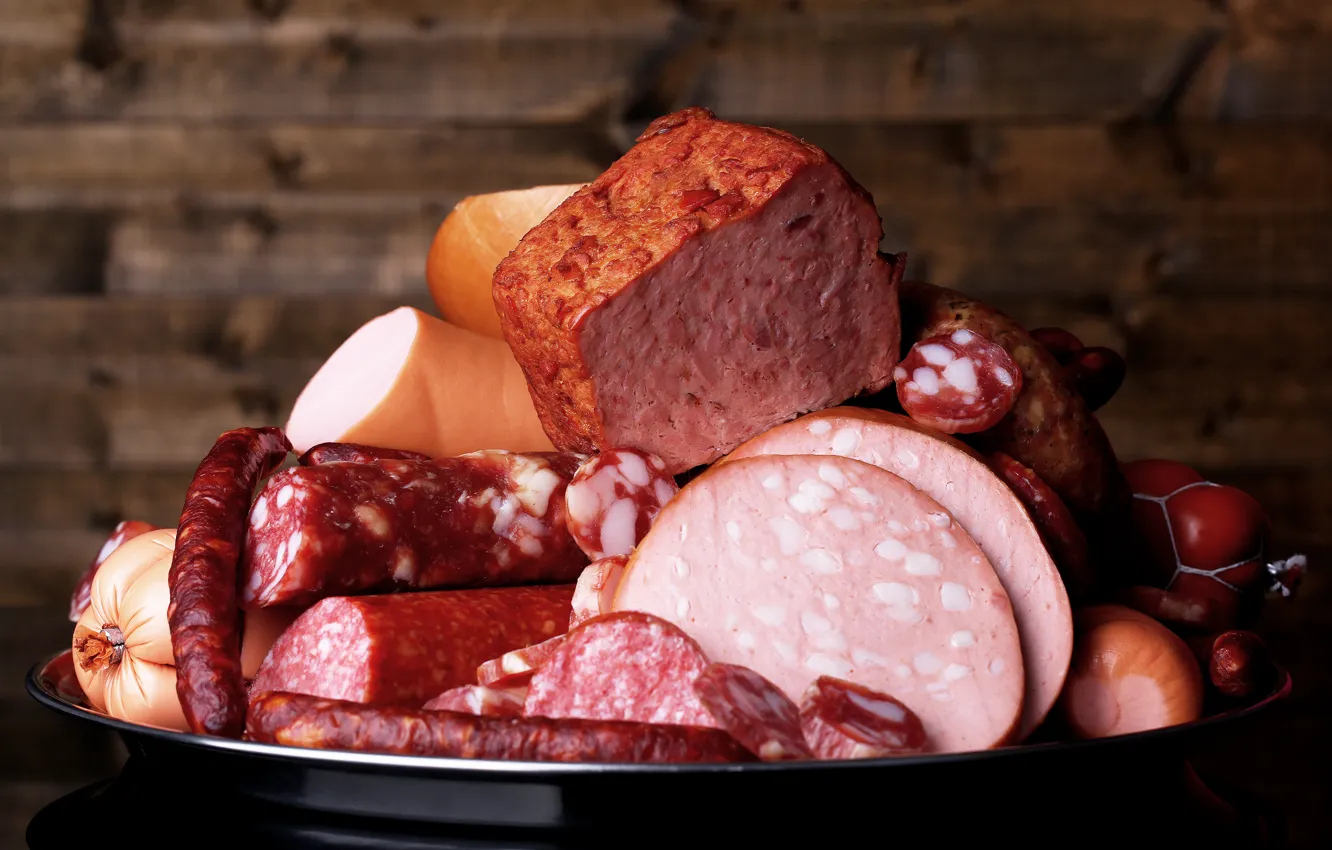 Photo wallpaper sausage, Meat, ham, meat products, products, Sausage
