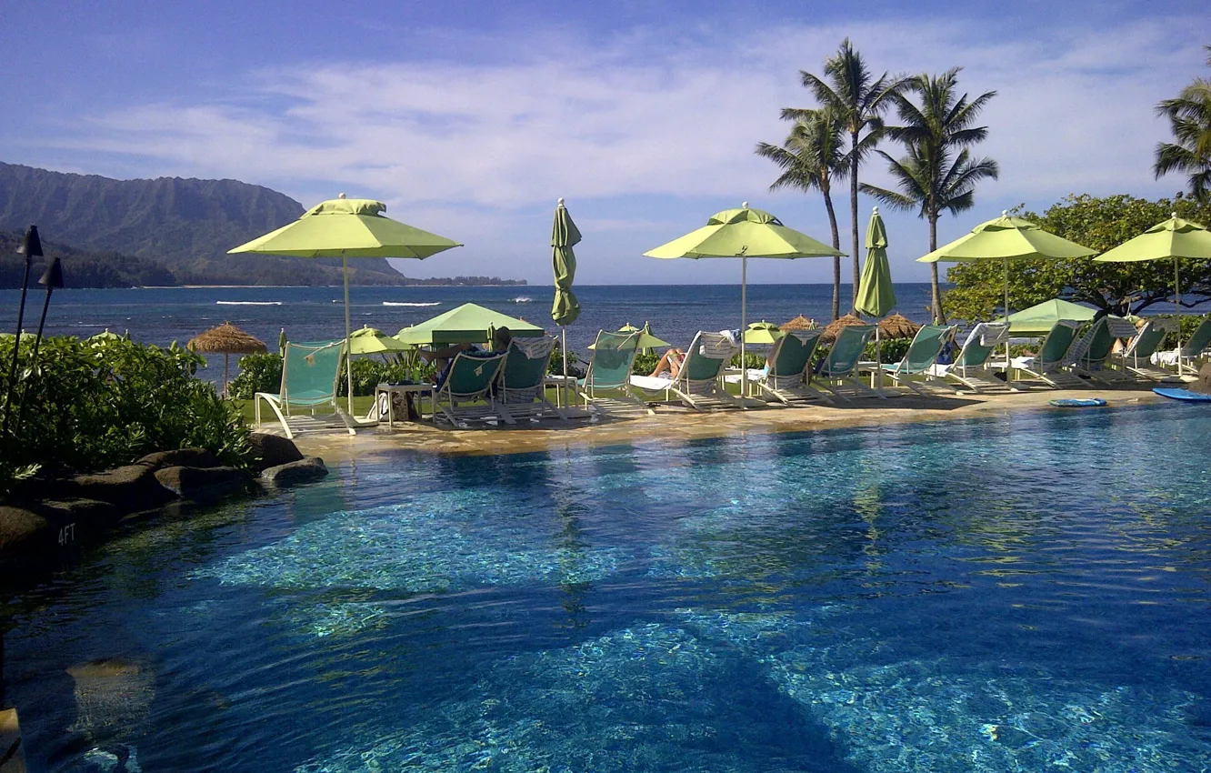 Photo wallpaper sea, palm trees, view, pool, umbrellas