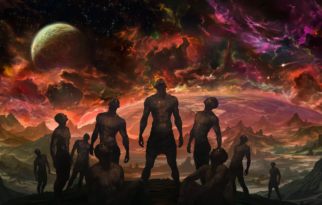 Photo wallpaper rock, fantasy, sky, Galaxy, alien, rocks, stars, planet