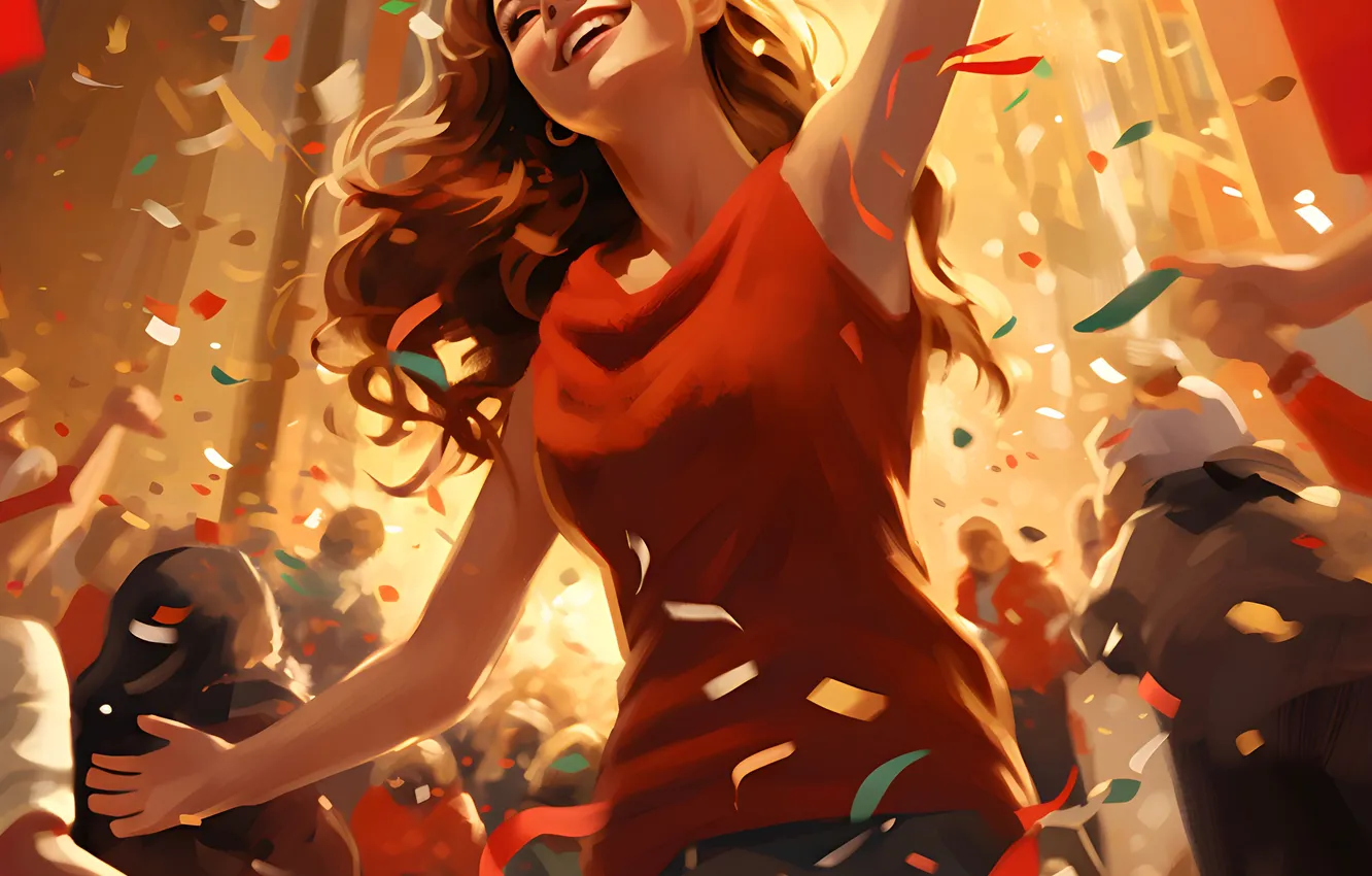 Photo wallpaper Girl, Smile, Christmas, New year, Joy, Digital art, Confetti, AI art