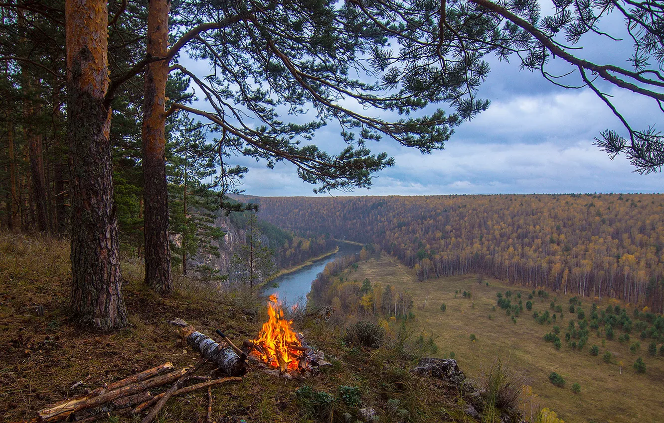Photo wallpaper forest, the sky, grass, clouds, river, the fire, pine, tourists