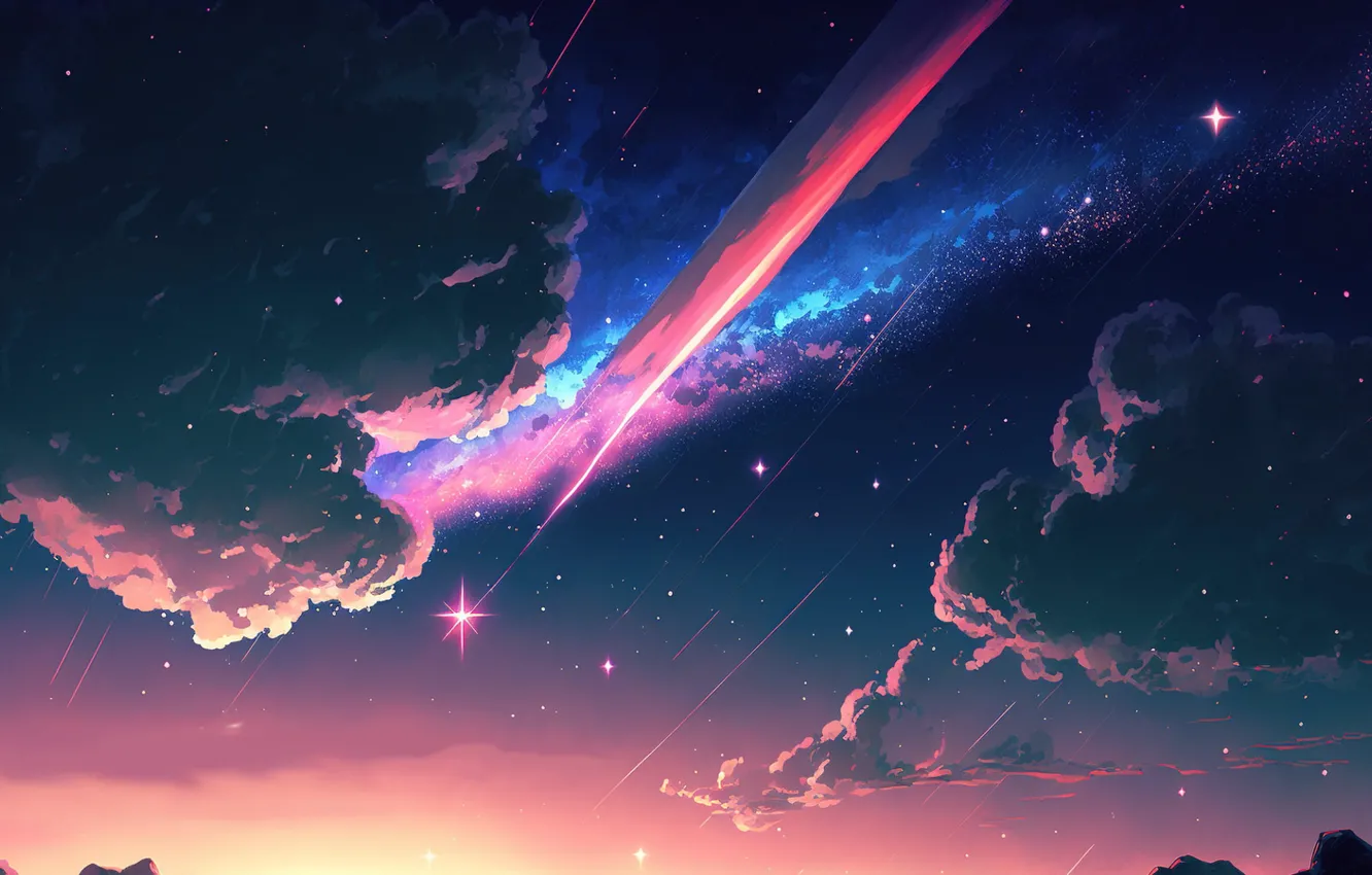 Photo wallpaper the sky, clouds, beauty, comet, digital art, Starfall, digital art, artificial intelligence