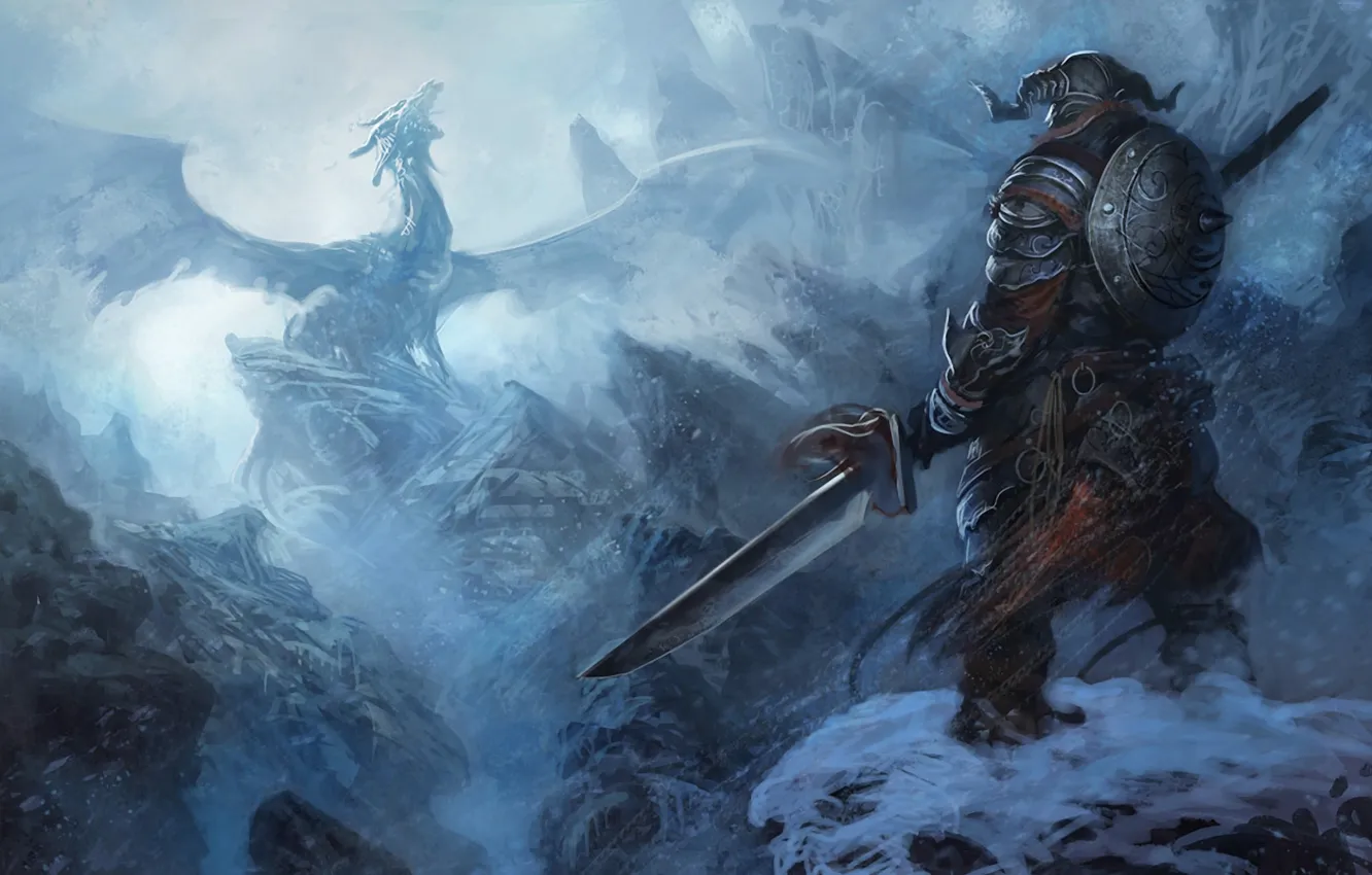 Photo wallpaper snow, mountains, dragon, armor, warrior, Skyrim, The Elder Scrolls