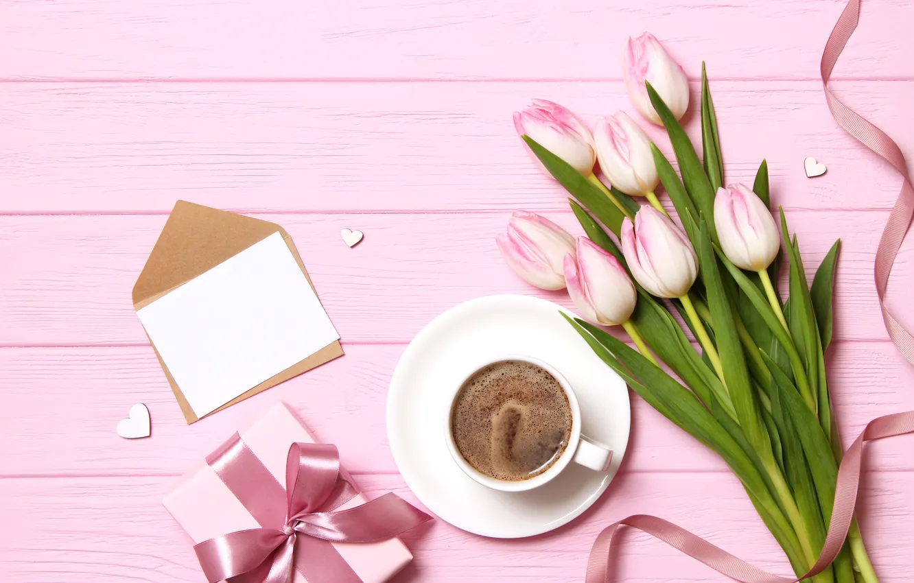 Photo wallpaper flowers, gift, bouquet, tulips, pink, wood, pink, flowers