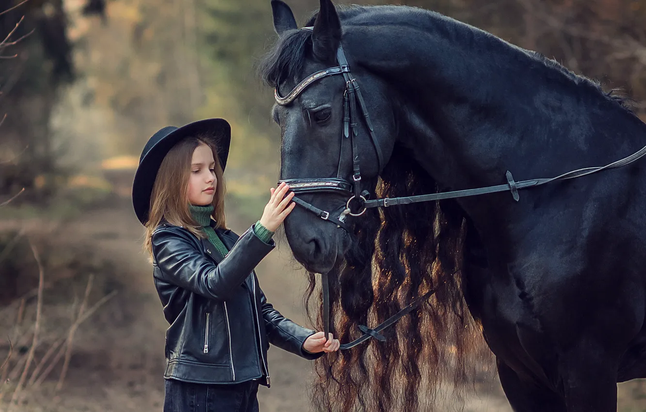 Photo wallpaper nature, animal, horse, horse, spring, girl, walk, child