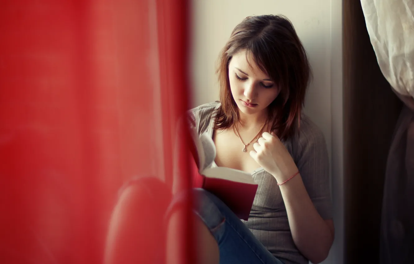 Photo wallpaper girl, window, book, Xenia