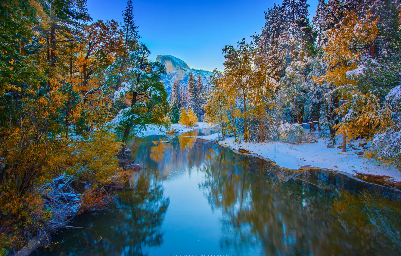 Photo wallpaper winter, forest, snow, trees, mountains, river, rocks, Yosemite