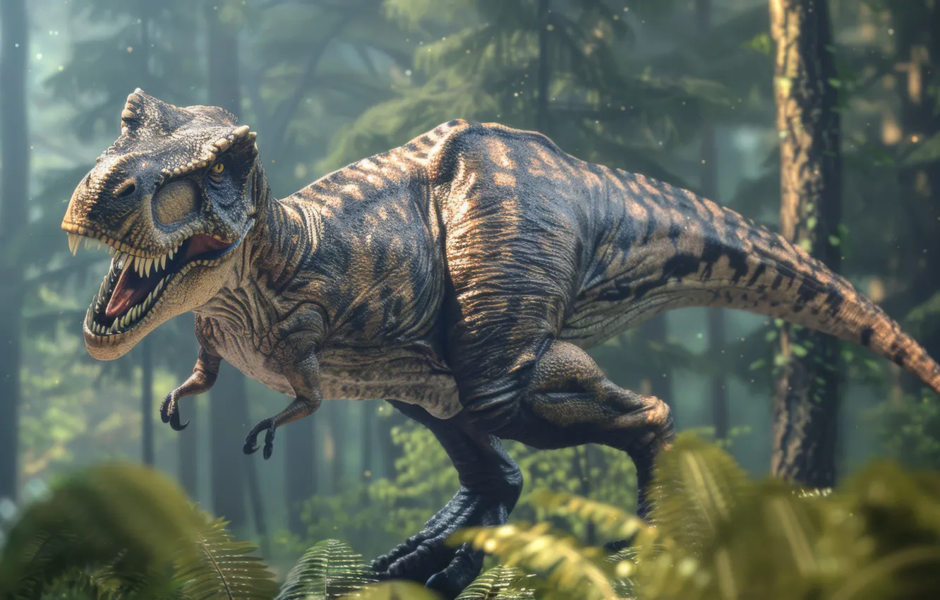 Photo wallpaper trees, animal, dinosaur, predator, teeth, grin, Tyrannosaurus, digital art