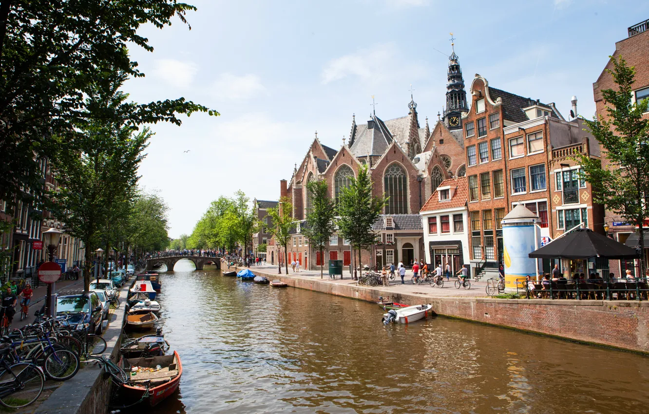 Photo wallpaper bridge, people, home, boats, channel, Netherlands, street, Amsterdam