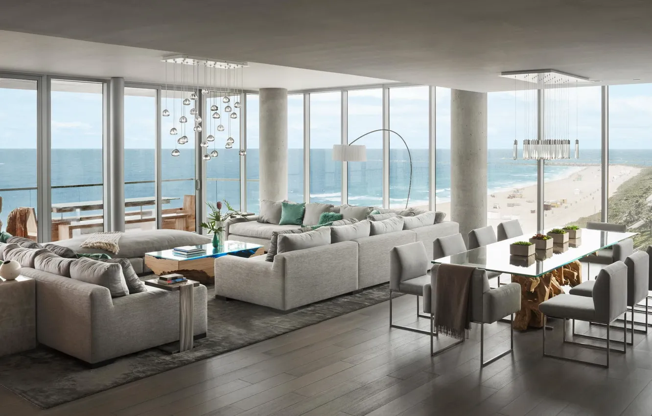 Photo wallpaper interior, living room, dining room, ocean views, Luxury-Penthouse, Miami Penthouse, Sea Views, by Smiros & …