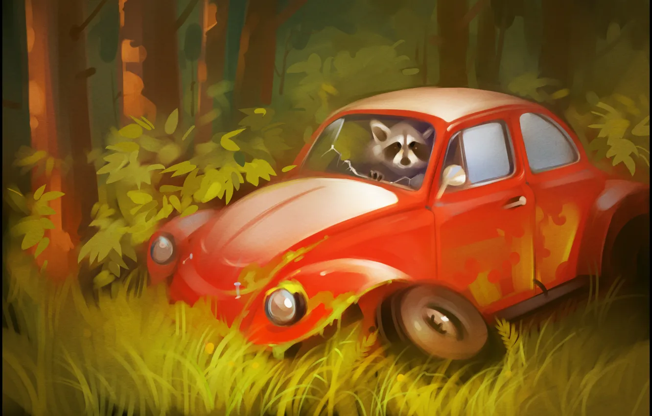 Photo wallpaper auto, forest, trees, beetle, wheel, art, raccoon, car