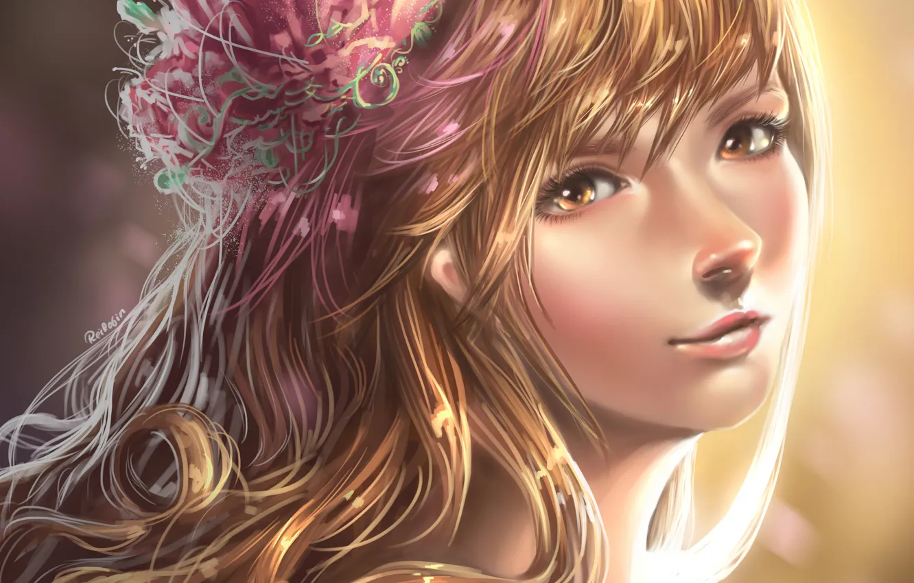 Photo wallpaper girl, flowers, face, art