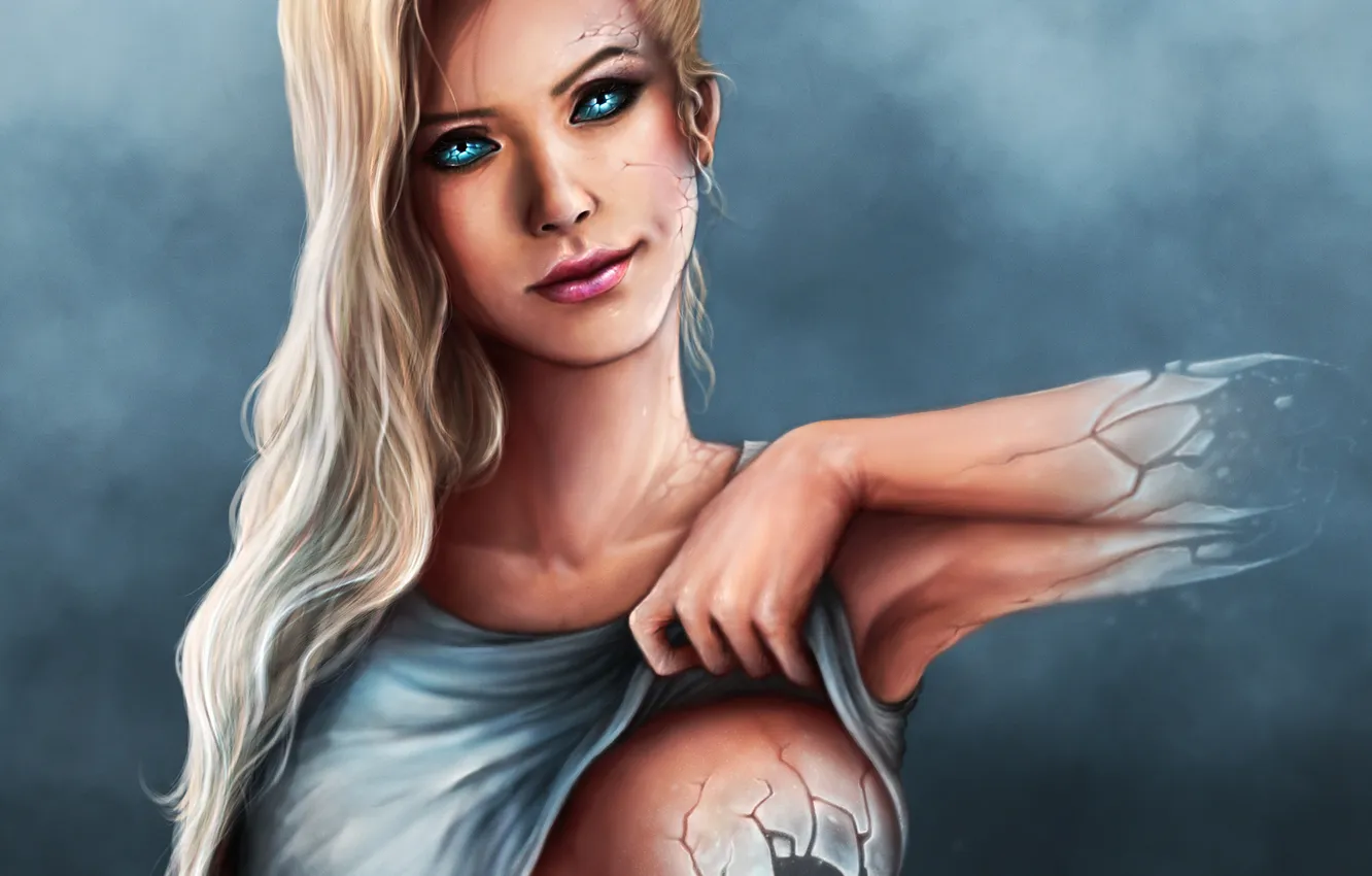 Photo wallpaper look, girl, cracked, hands, art, grin
