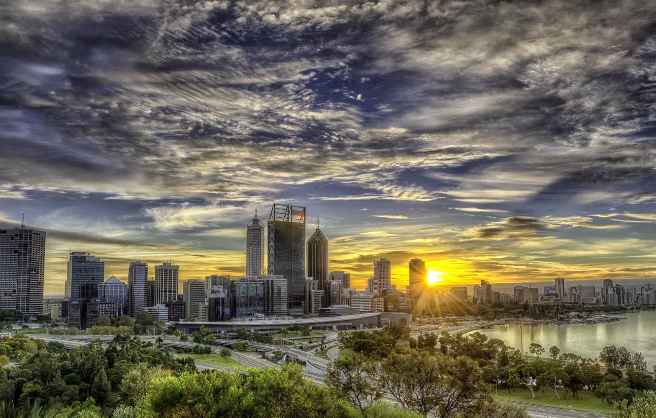 Photo wallpaper road, dawn, HDR, skyscrapers, Australia, Sydney