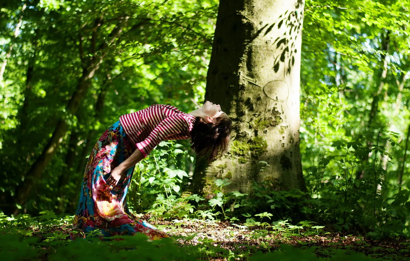 Photo wallpaper forest, girl, gravity