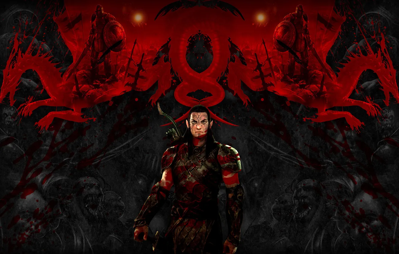 Photo wallpaper red, background, pattern, dragon, elf, tattoo, Origins, Dragon Age