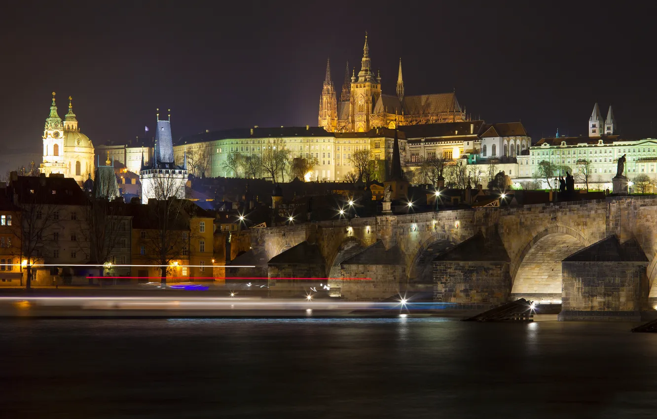 Photo wallpaper night, lights, Prague, old town, St. Vitus Cathedral