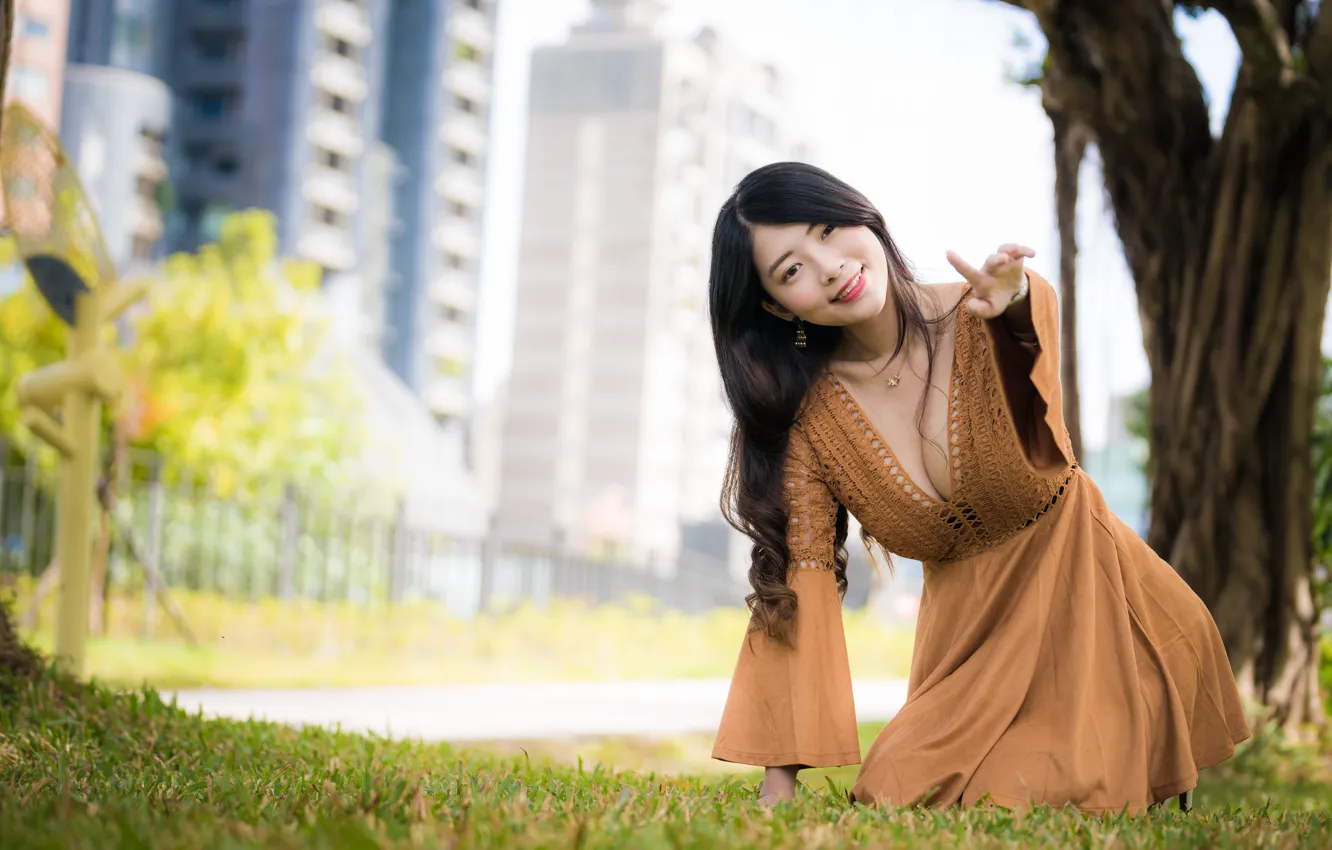 Photo wallpaper girl, pose, dress, neckline, Asian, neckline, cutie, bokeh