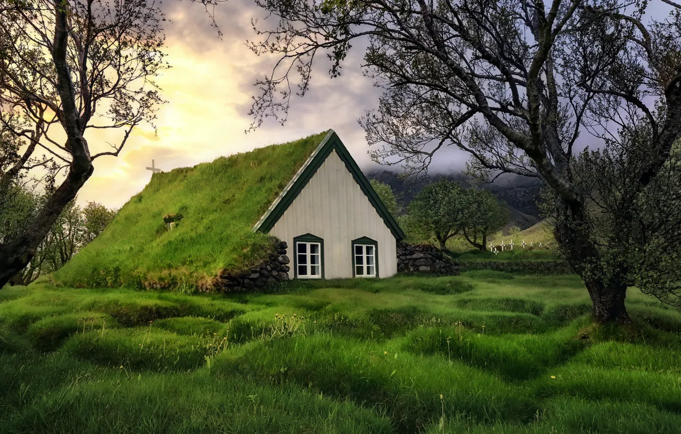 Photo wallpaper nature, Iceland, Church Litla Hof