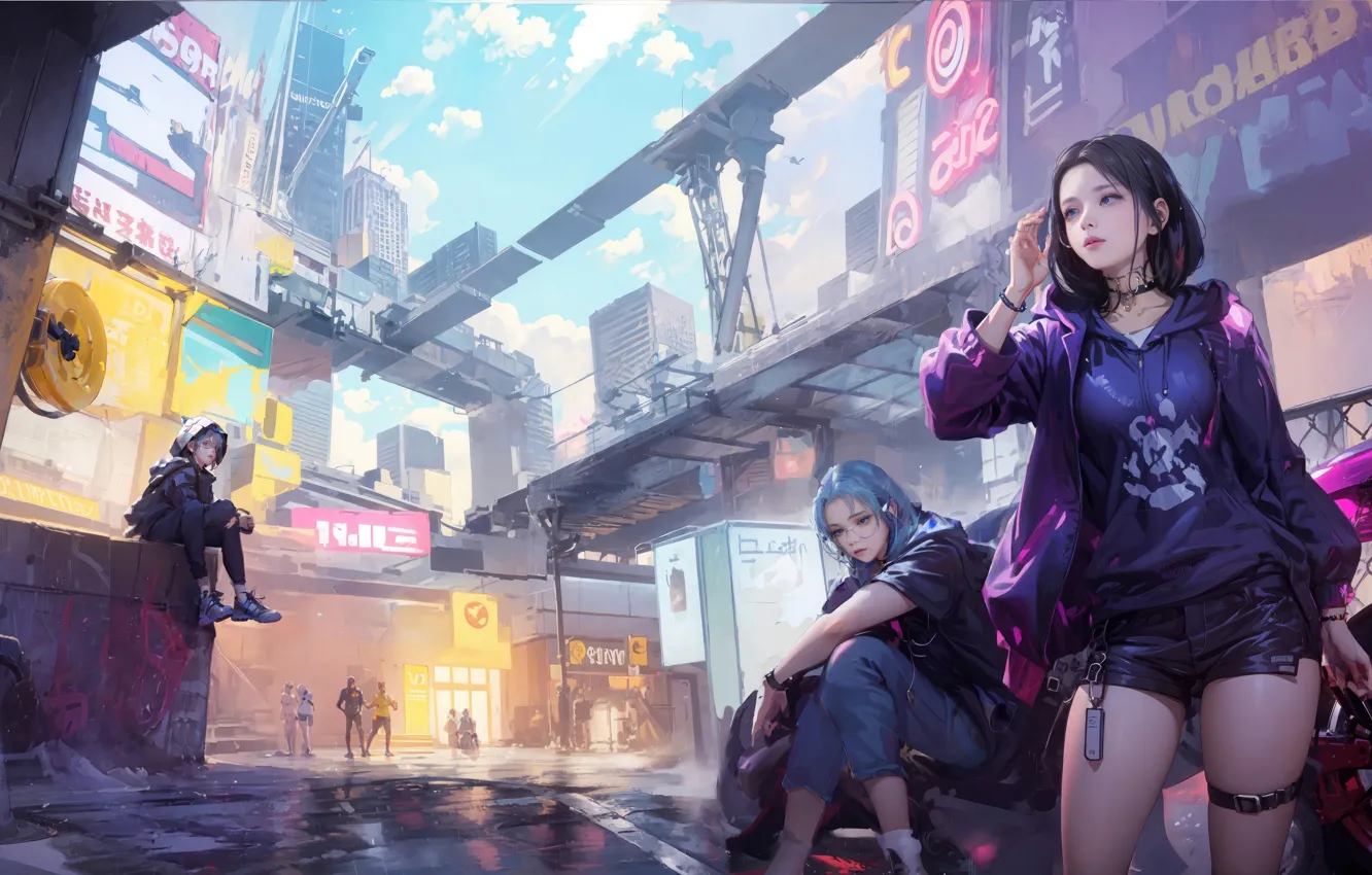 Photo wallpaper girl, clouds, advertising, bike, Asian, gesture, the city of the future, Anime girl