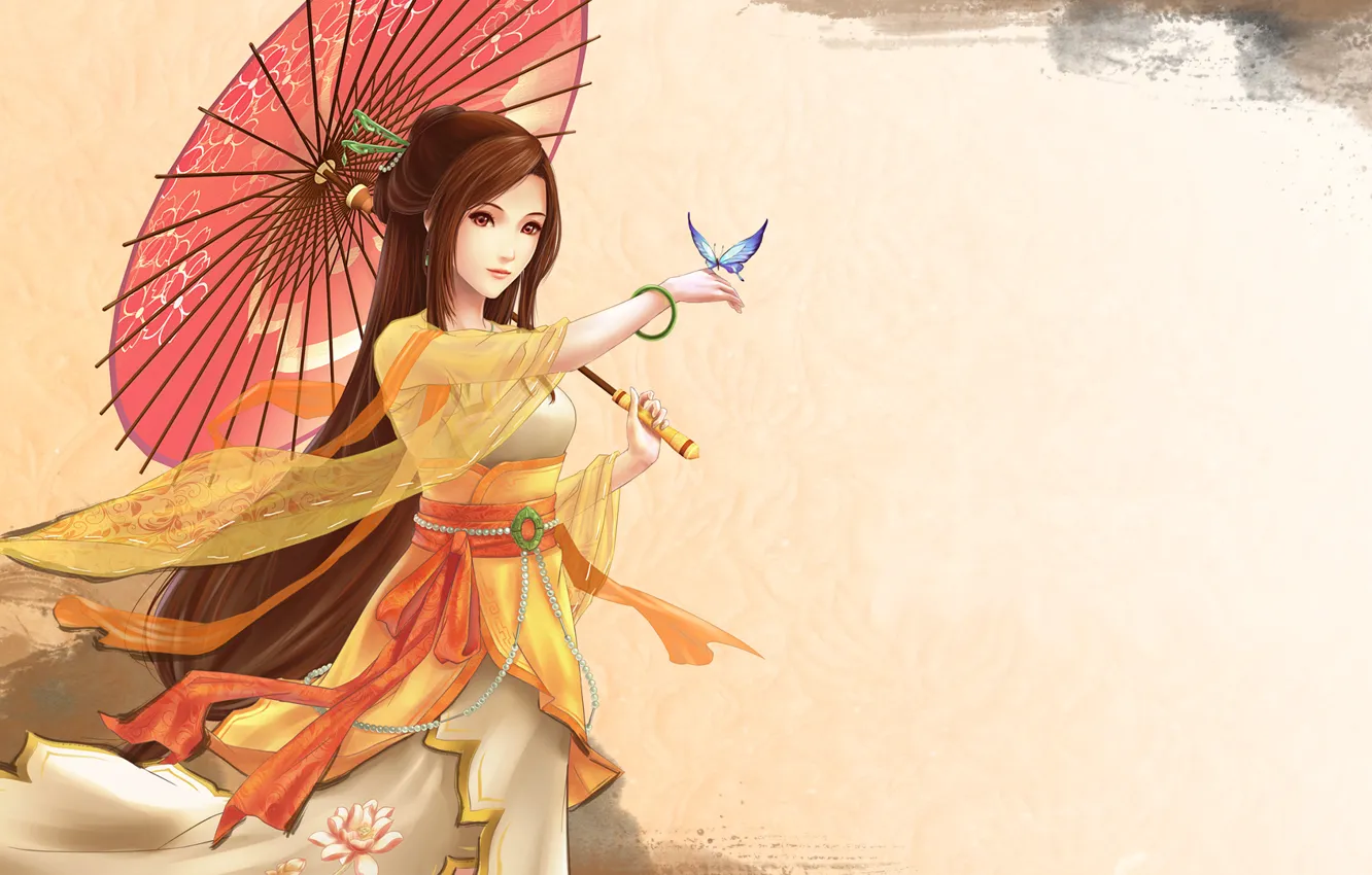 Photo wallpaper girl, butterfly, umbrella, bracelet, long hair, high resolution, brown eyes, solo
