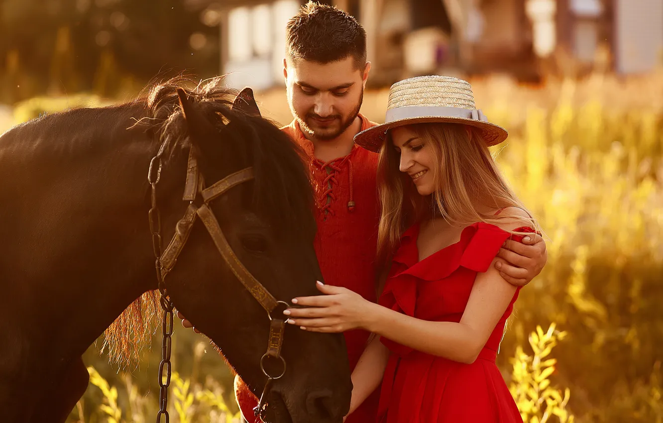 Photo wallpaper girl, horse, horse, family, pair, male, communication