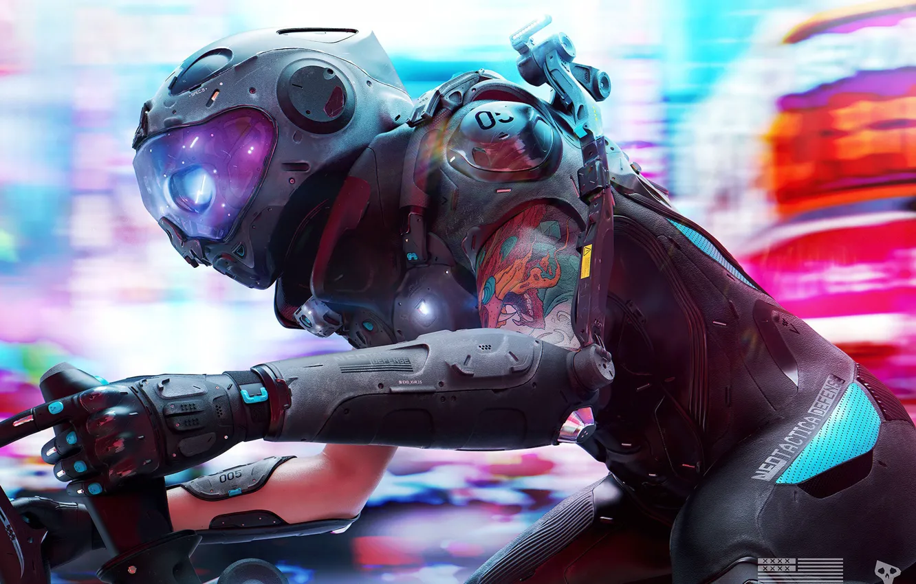 Photo wallpaper girl, style, tattoo, art, tattoo, helmet, girl, biker