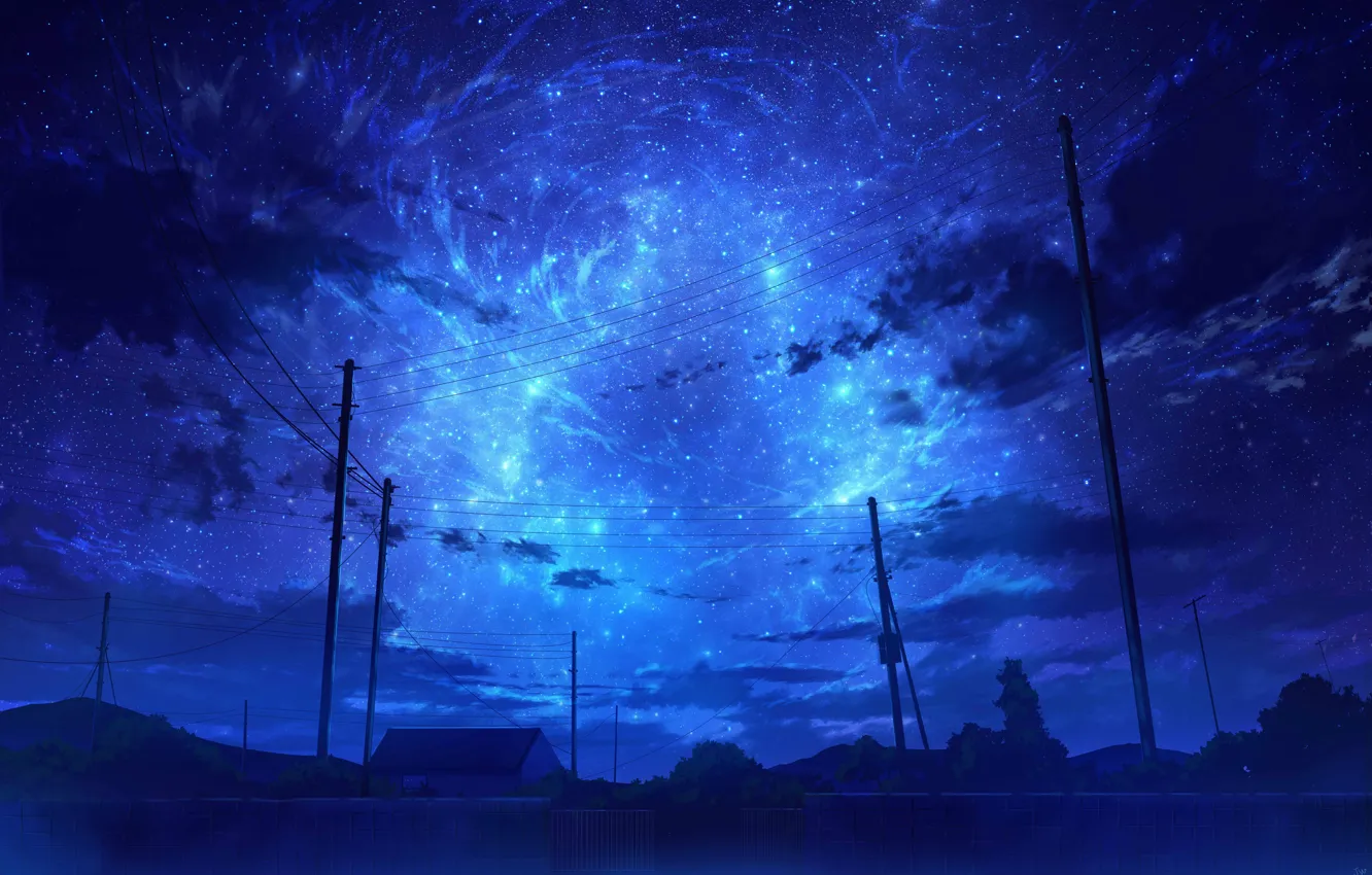 Photo wallpaper home, trees, night, the sky