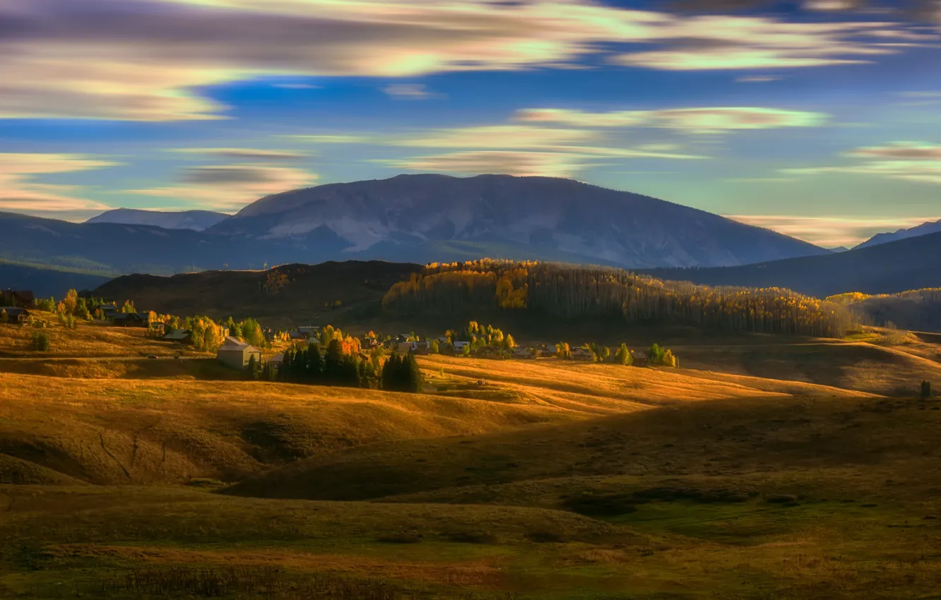 Photo wallpaper field, light, mountains, haze, hills, clouds, the sky, autumn