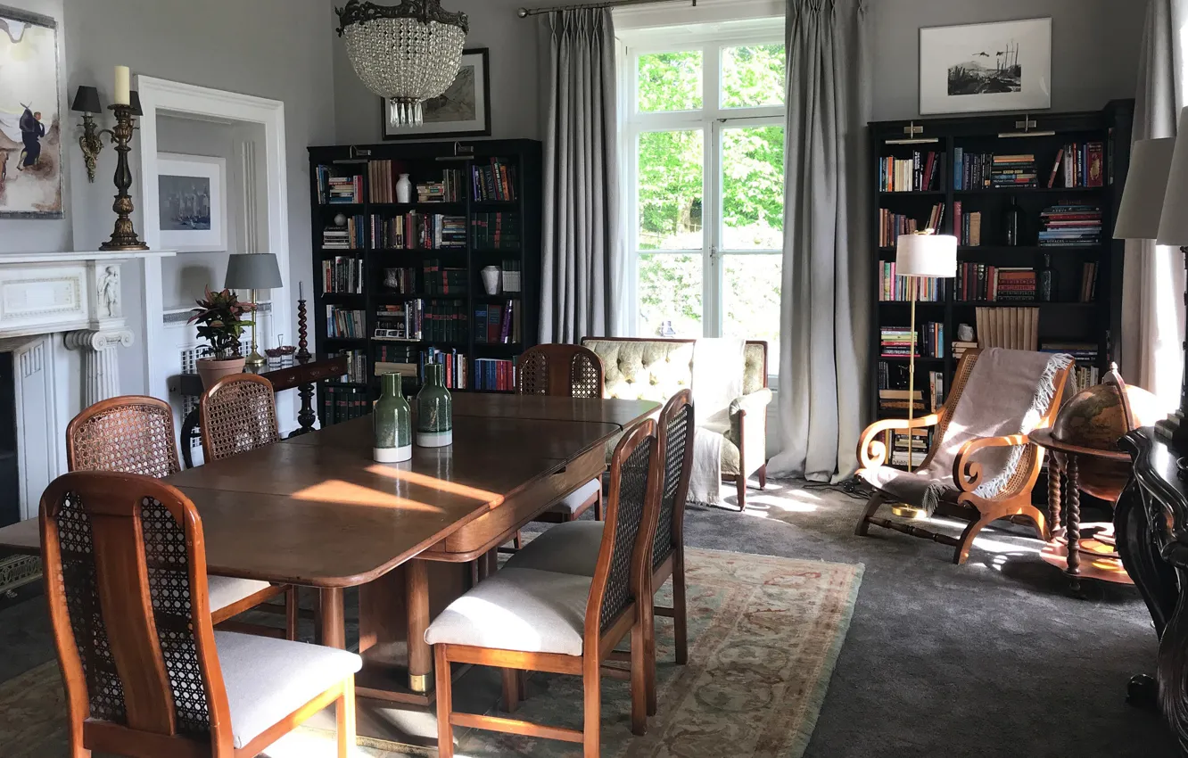 Photo wallpaper interior, fireplace, library, dining room, English style