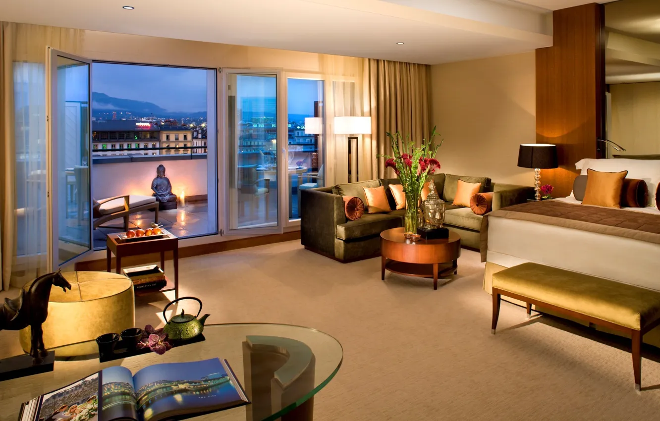 Photo wallpaper flowers, design, style, sofa, bed, interior, pillow, room