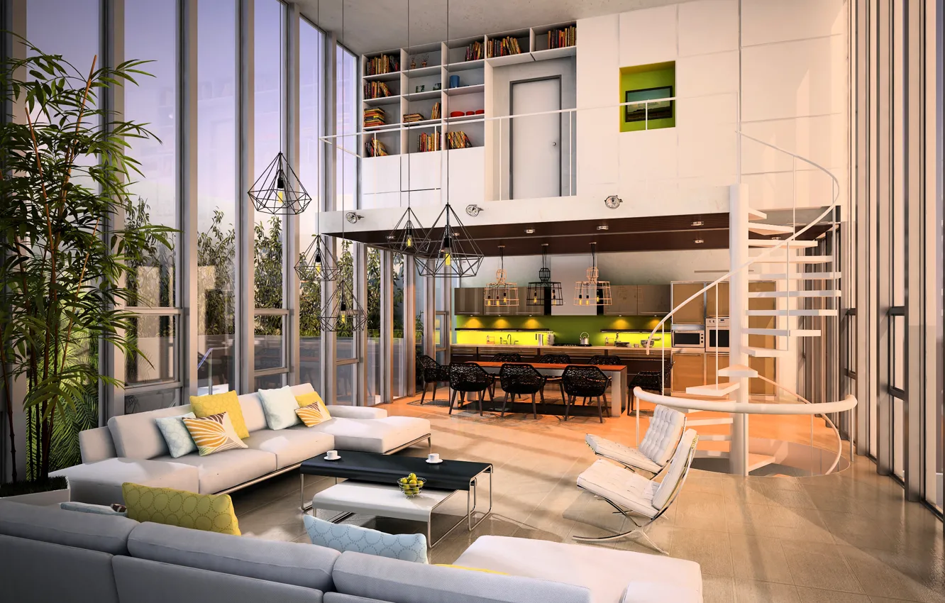 Photo wallpaper design, sofa, window, kitchen, ladder, mansion, luxury, design